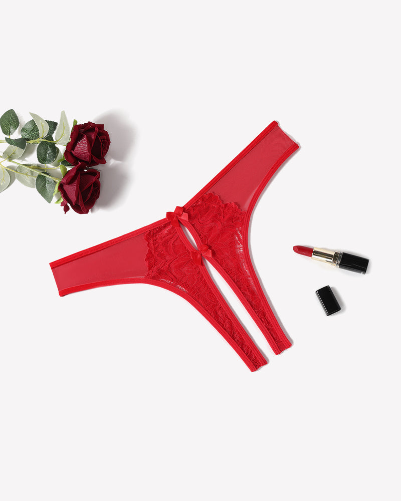 Red mesh panties briefs with lace and bow, unique crotch design, sexy lingerie