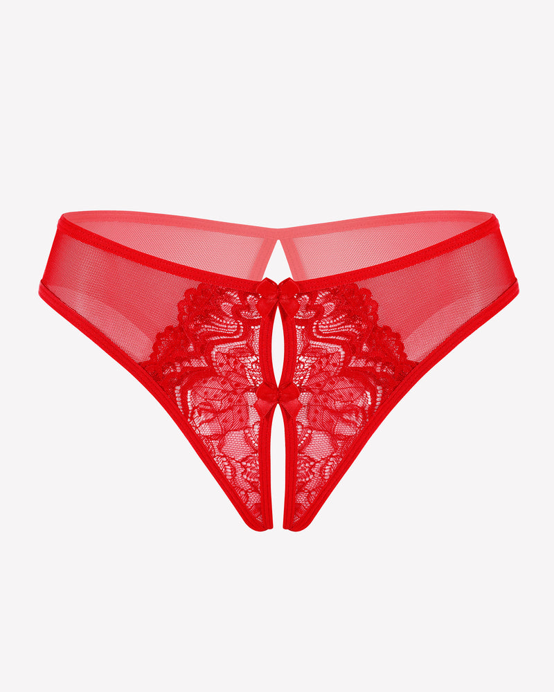 Red mesh panties briefs with lace detailing and a cute bow, designed for charm and comfort.