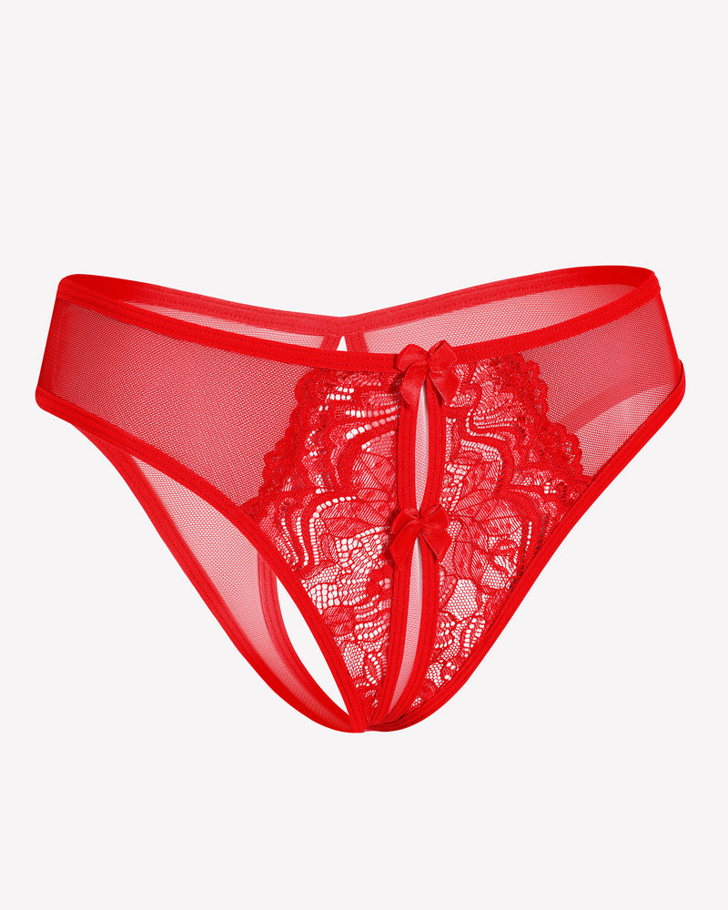 Red mesh panties briefs with lace and bow details, designed for charm and comfort.