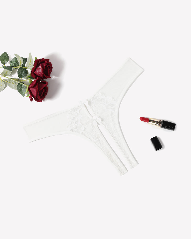 White mesh thong with lace detail and bow, unique crotch design, sexy lingerie