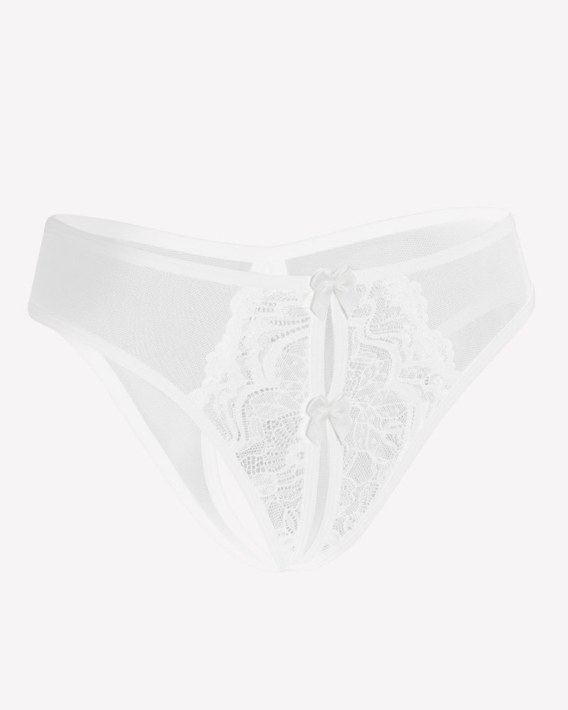 White mesh panties briefs with lace and bow details, designed for charm and comfort.