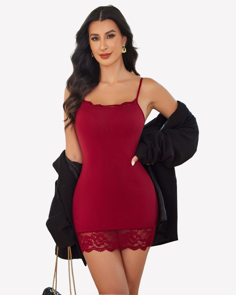 Burgundy lace trim mini slip dress with adjustable straps, perfect for a graceful figure