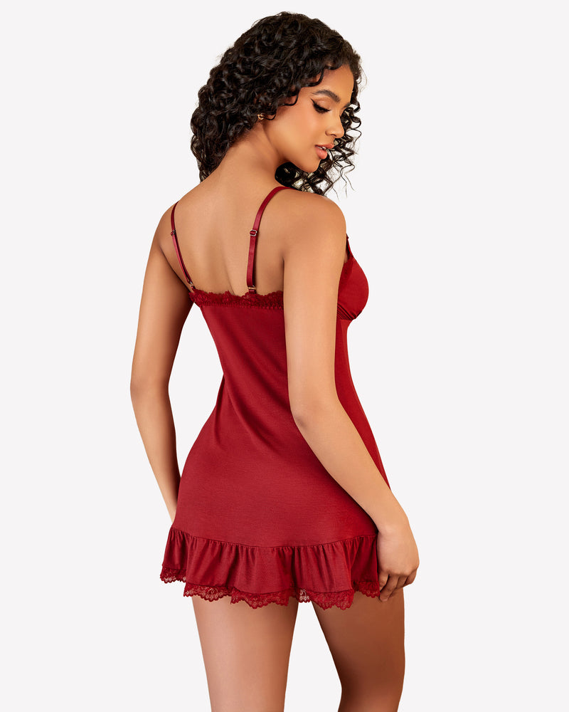 Burgundy modal babydoll sleepwear with lace trim, perfect for a special night.