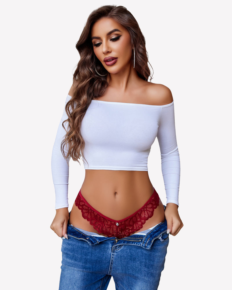 Burgundy lace thong briefs with criss-cross design and rhinestone embellishment