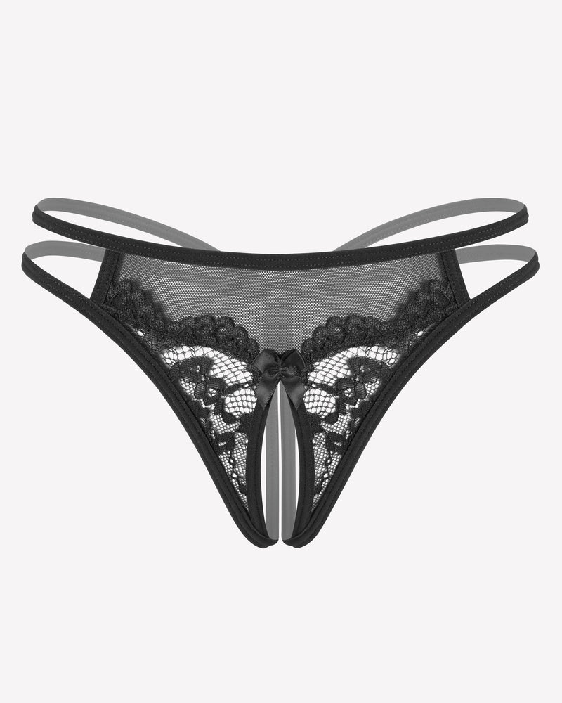 Black floral lace G-string with open design, sexy lingerie with floral lace and bow detail
