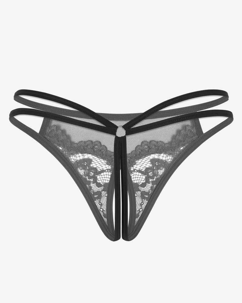 Gray floral lace G-string panties with open design, sexy lingerie for women