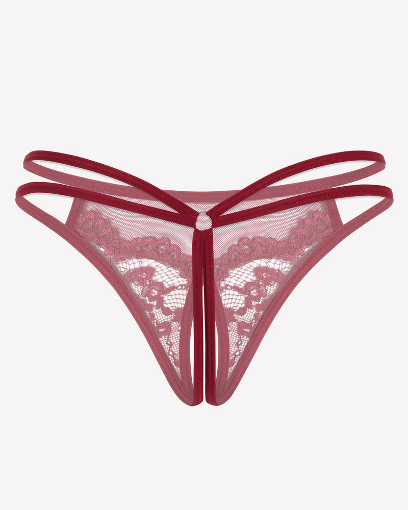 Red floral lace open crotch briefs with mesh and open crotch design, offering comfort and confidence
