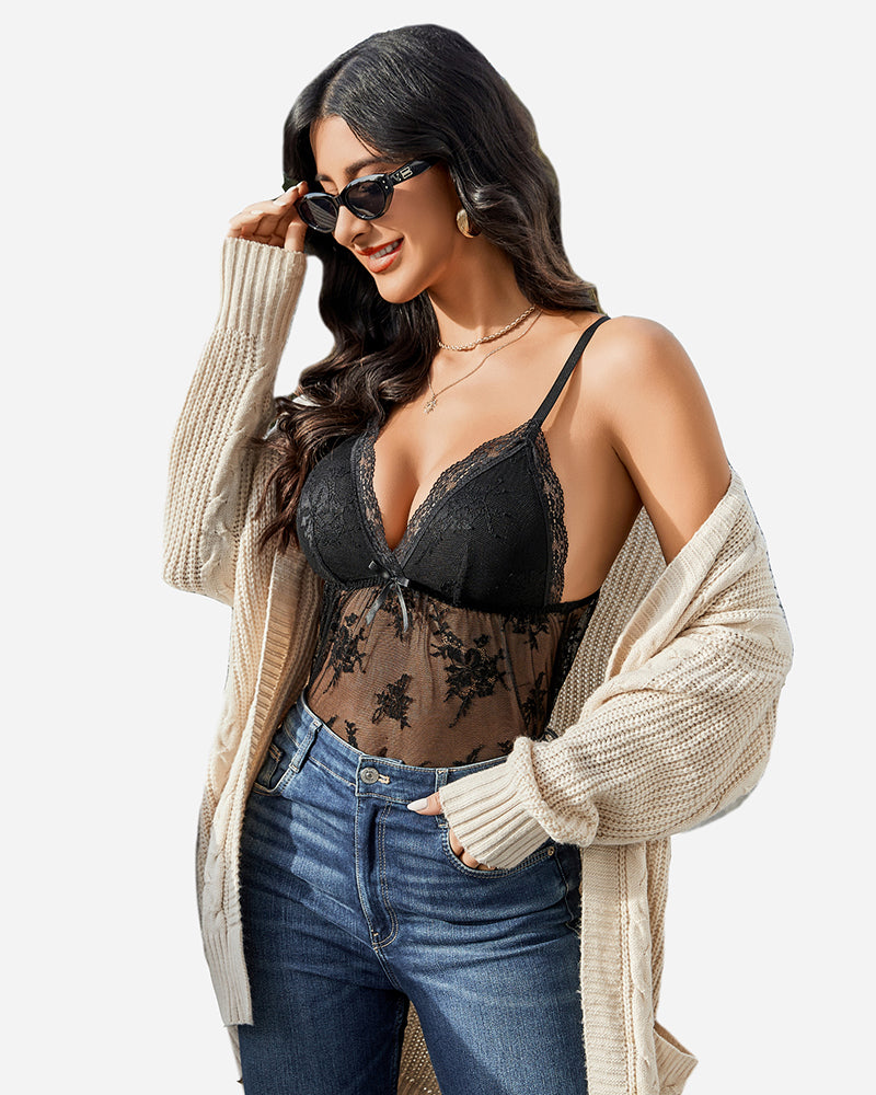Black lace cami bodysuit with bow detail, paired with blue jeans and beige cardigan, sexy sleepwear