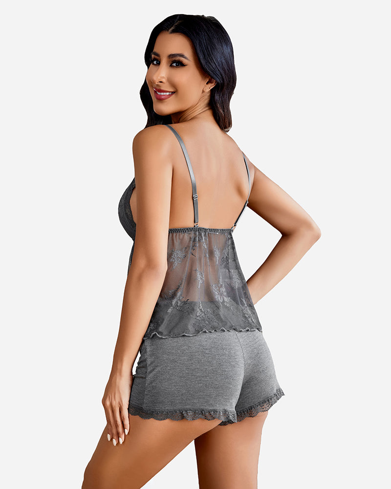 Gray lace cami pajama set with adjustable straps and shorts for sexy sleepwear