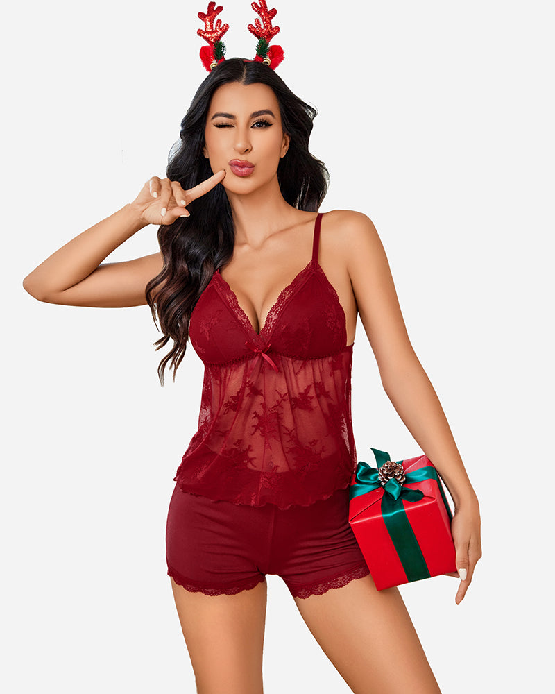Burgundy lace cami pajama set with shorts, bow detail, and Christmas antler headband, sexy sleepwear