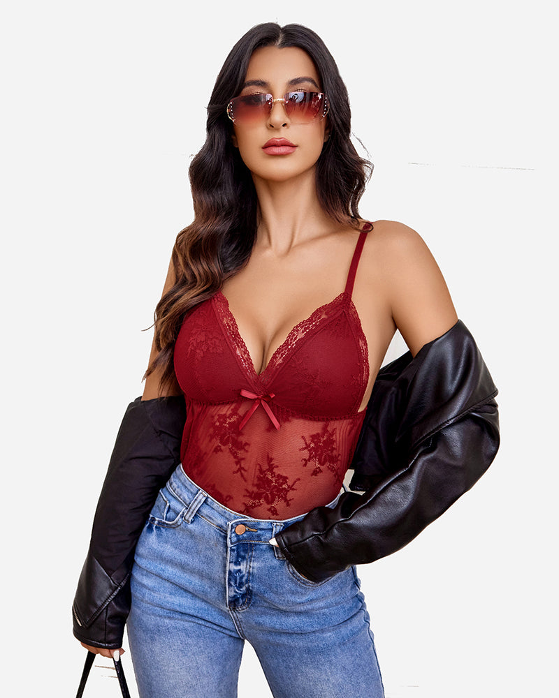 Burgundy lace bodysuit with bow detail, blue jeans, and black jacket, sexy sleepwear