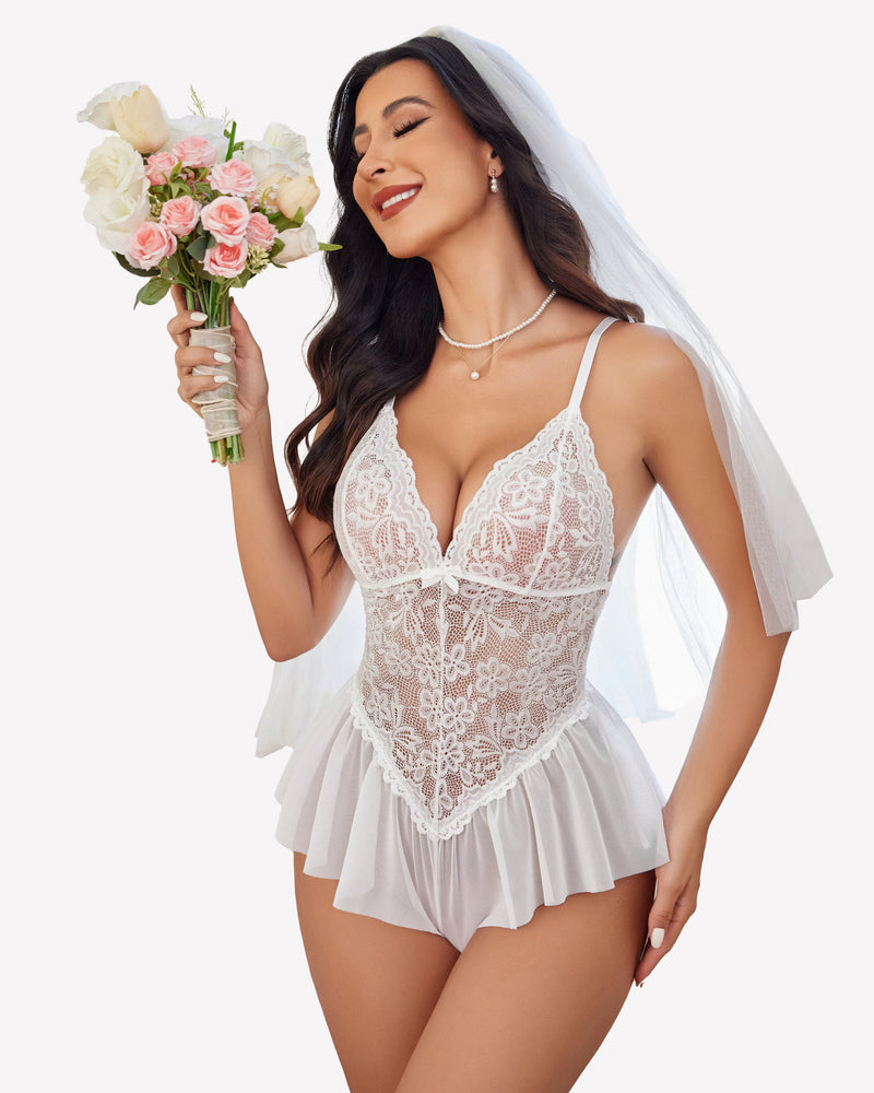 White lace bridal bodysuit with floral lace cups and ruffled skirt, elegant lingerie