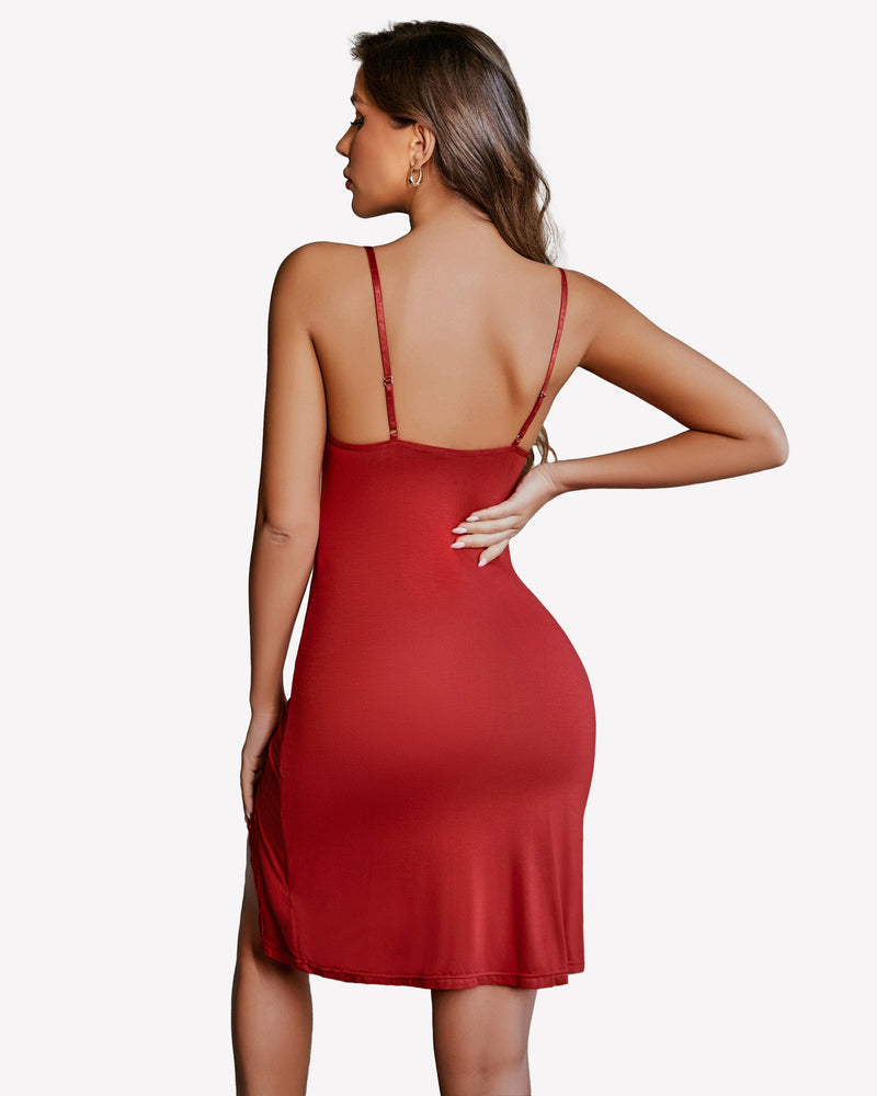 Red side slit nightgown, perfect for showing sexy leg curve, made of soft material.