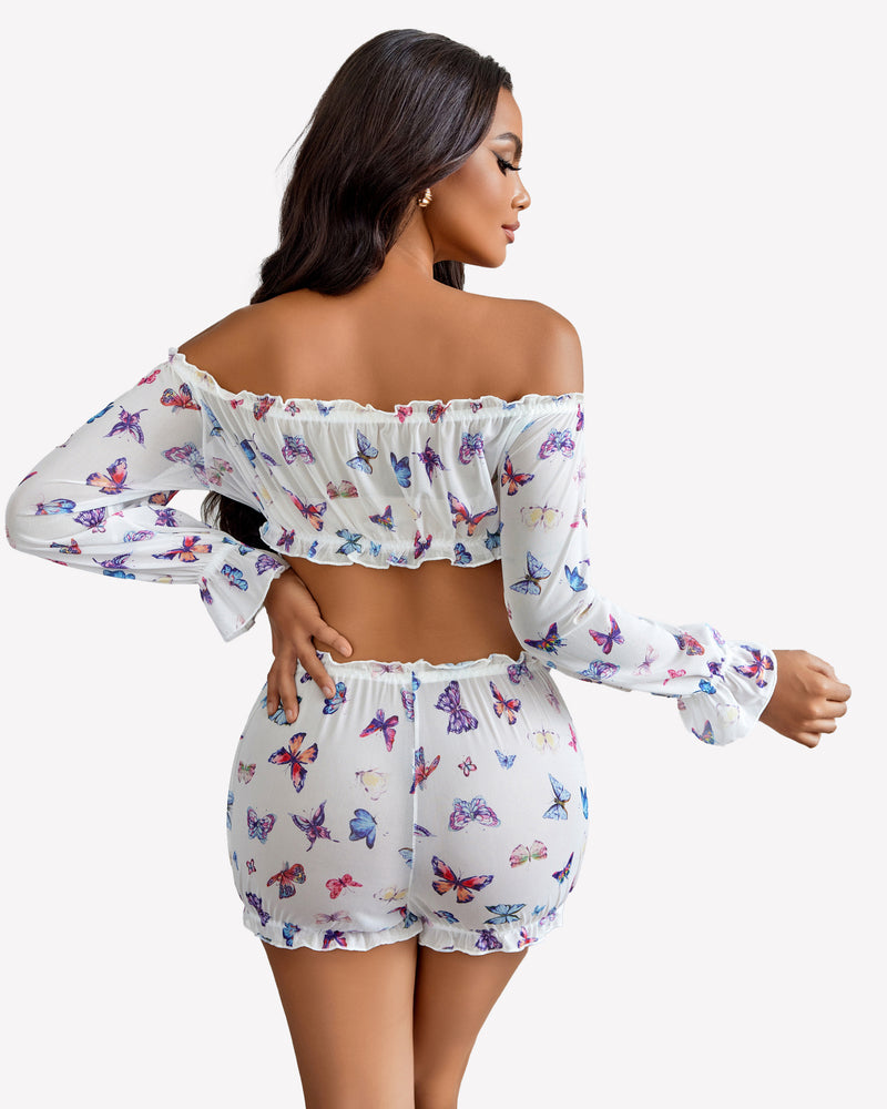 White butterfly print off-shoulder ruffle bra and panty set, long sleeves and ruffle trim