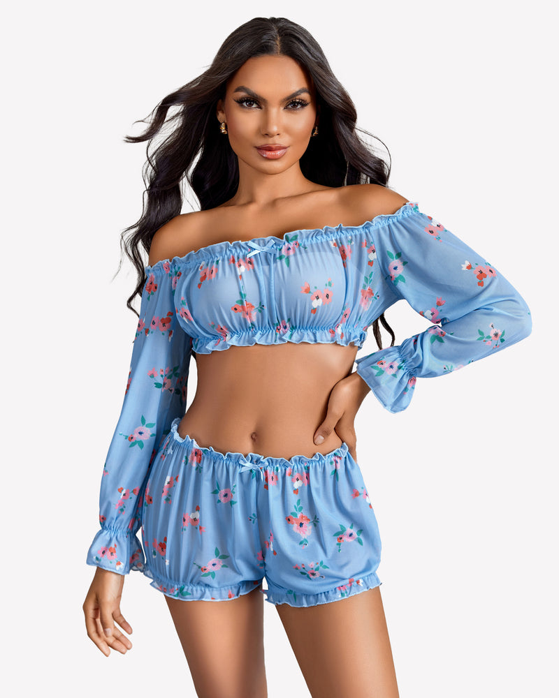 Light blue floral off-shoulder ruffle bra and panty set with long sleeves and ruffle trim