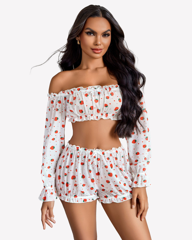 White strawberry print off-shoulder lingerie set with ruffle details. Sexy and confident style.