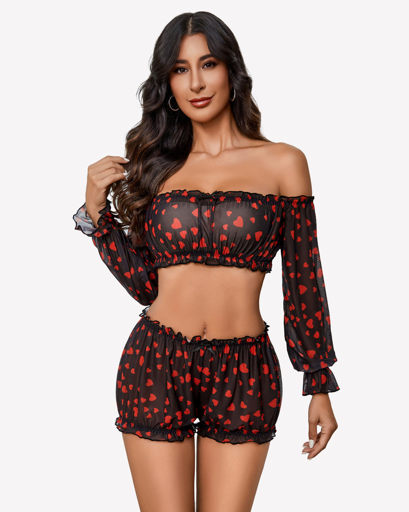 Black heart-print off-shoulder lingerie set with ruffle trim and long sleeves