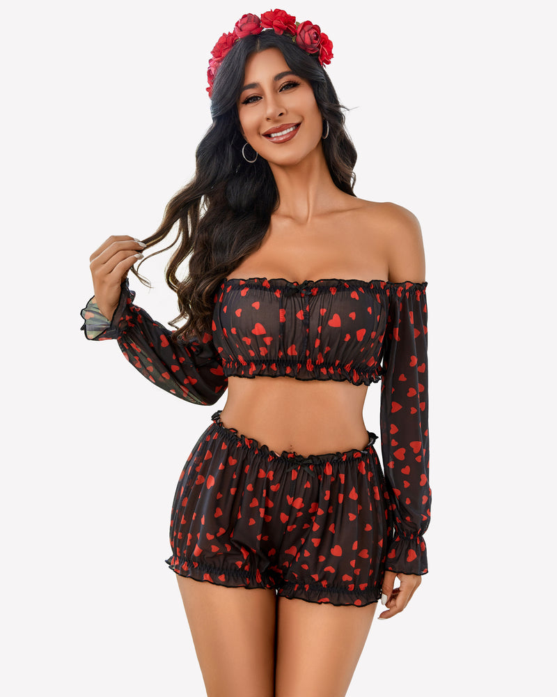 Heart-print off-shoulder lingerie set with ruffle trim and long sleeves, black and red.