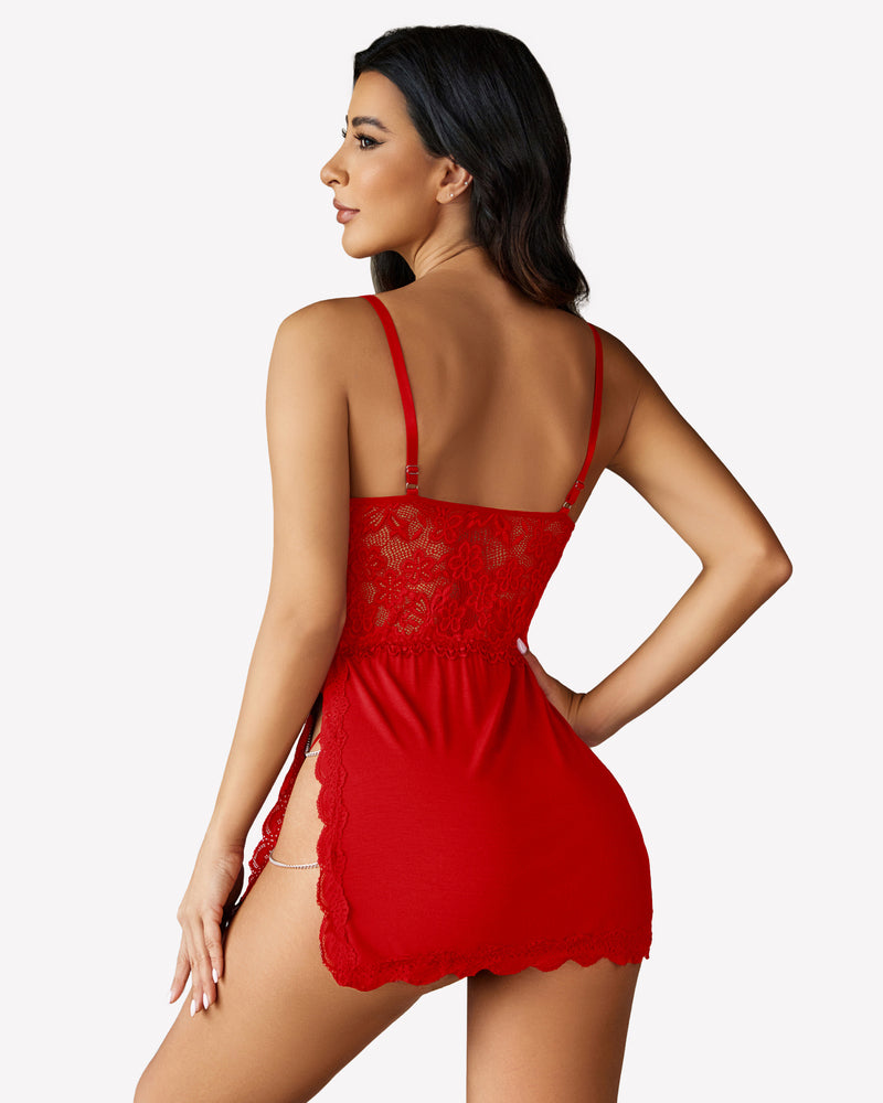 Avidlove red lace babydoll with chain side slit, adjustable straps, and deep V-neck design