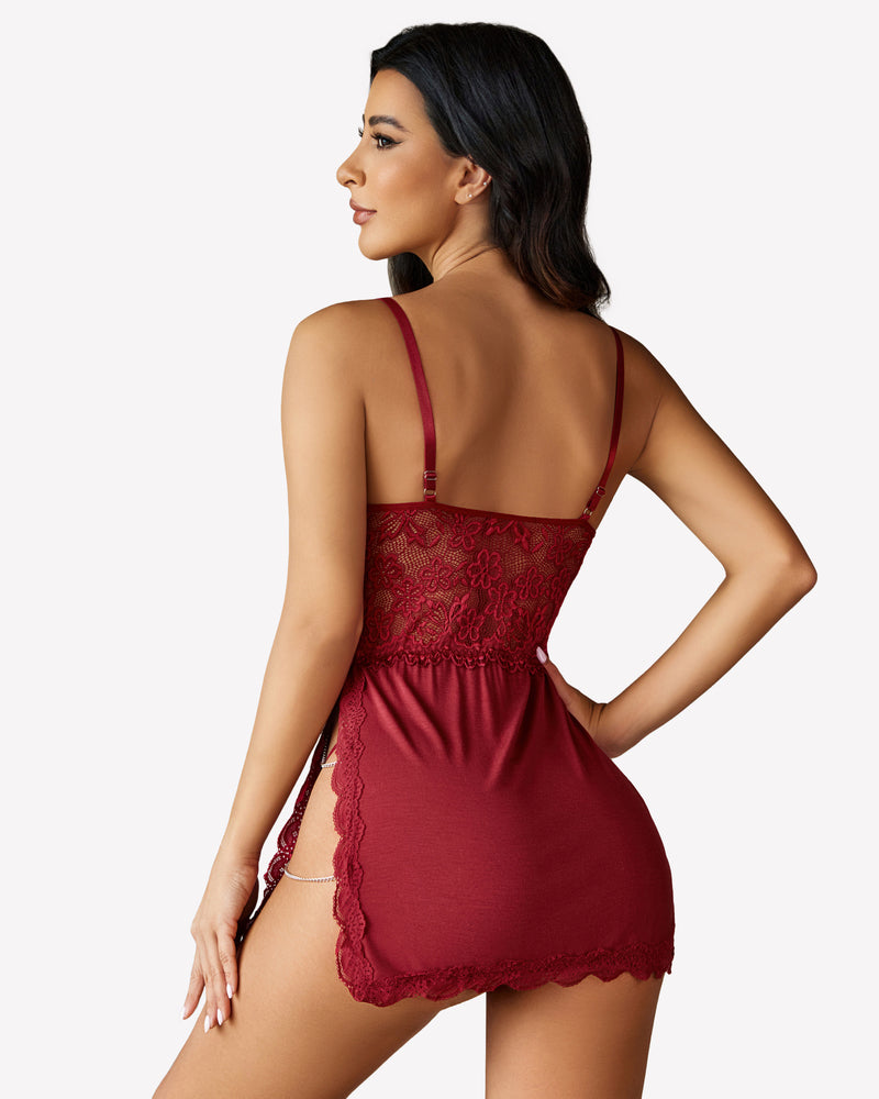 Avidlove burgundy lace babydoll with chain side slit and adjustable straps