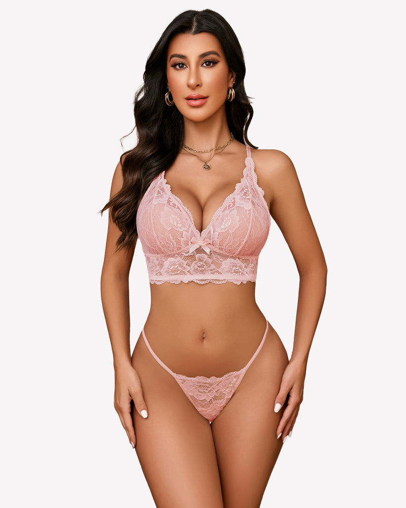Pink lace bralette and panty set. Floral lingerie with adjustable straps. Sexy lingerie for women.