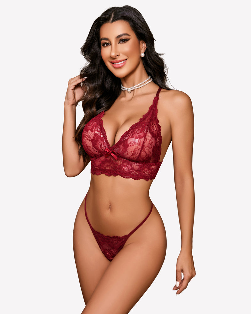 Burgundy floral lace bralette and panty set. Sexy lingerie with adjustable straps.