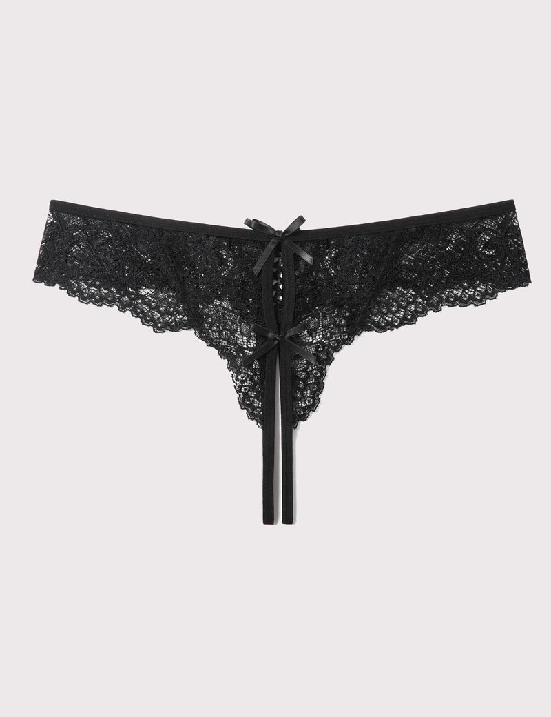 Black lace thong panty with bow, made of soft floral lace, perfect for romantic evenings