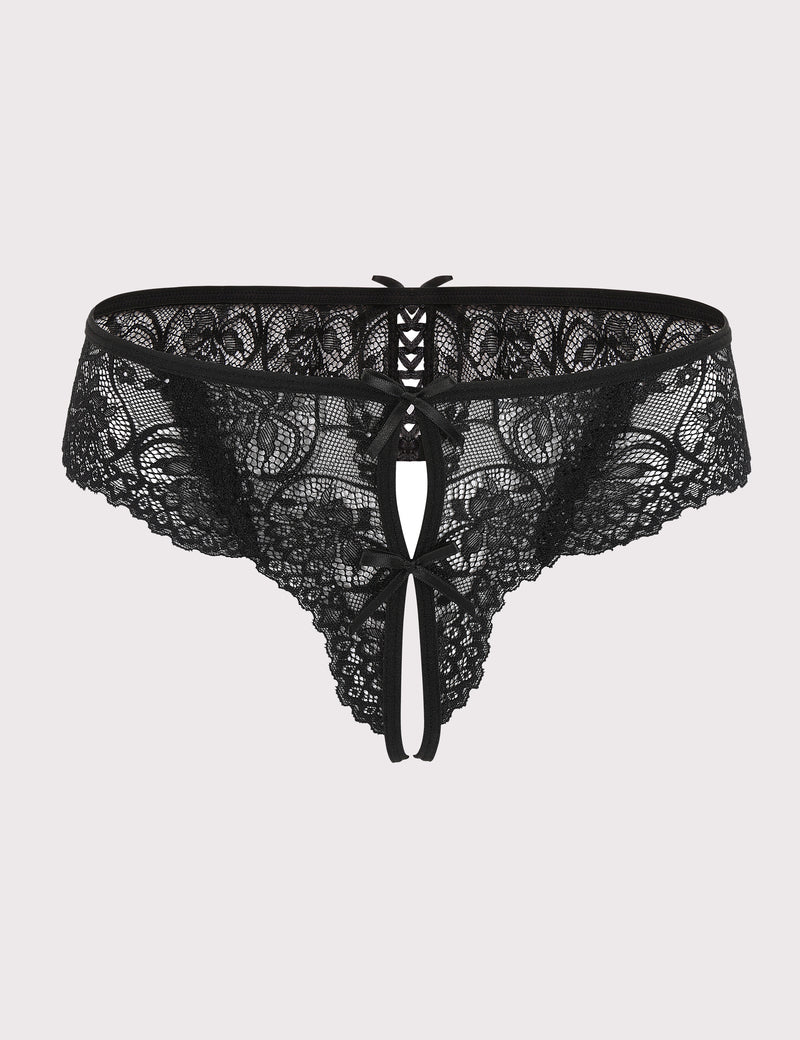 Black lace thong panty with bow and open back, perfect for romantic evenings