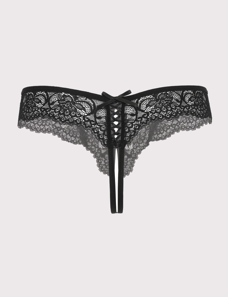 Black lace thong panty with bow, open back, and soft floral lace, perfect for romantic evenings