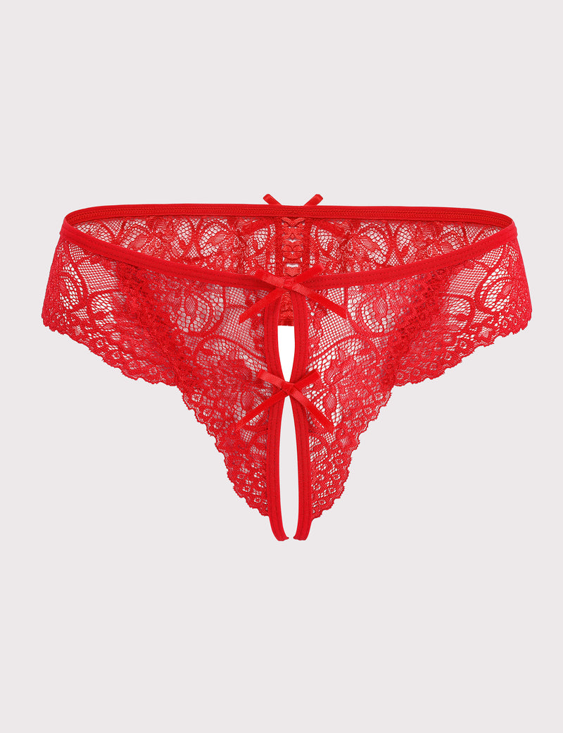 Red lace thong panty with cute bows and open back, perfect for romantic evenings, floral design