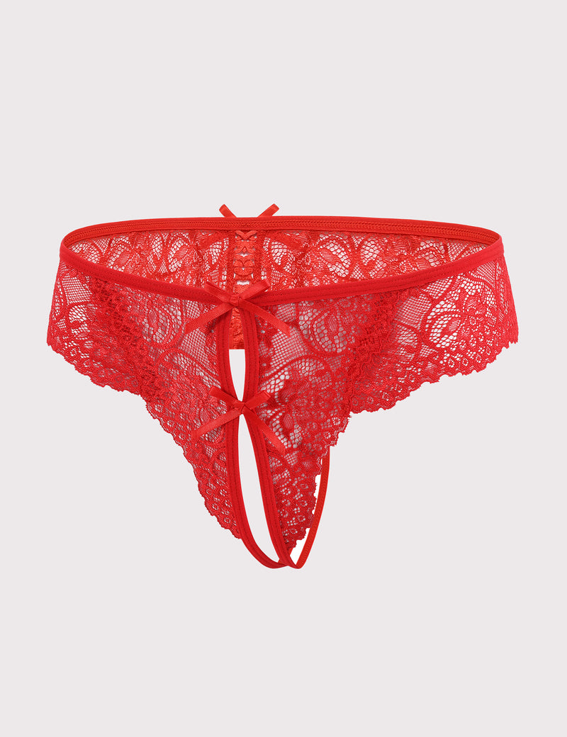 Red lace thong panty with floral design, cute bows, and open back, perfect for romantic evenings