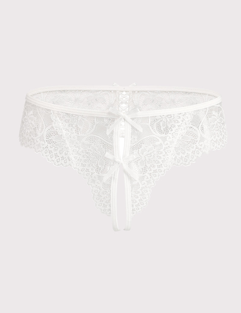 White lace thong panty with cute bow, floral design, perfect for romantic evenings