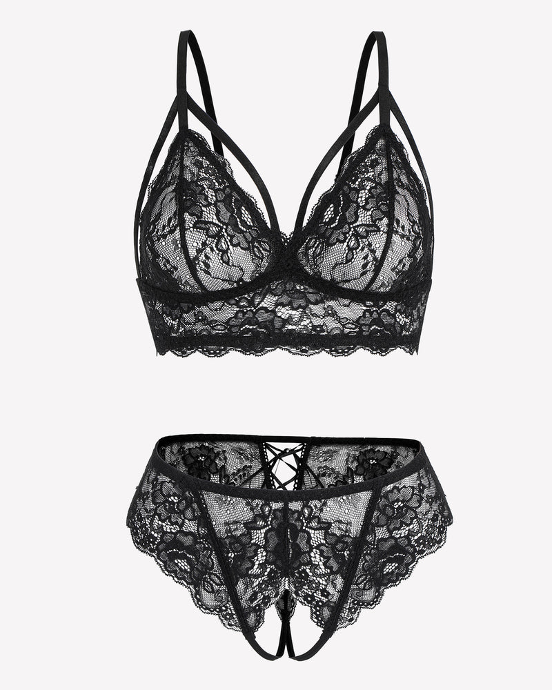 Black lace bra and panty set with adjustable straps and open back design