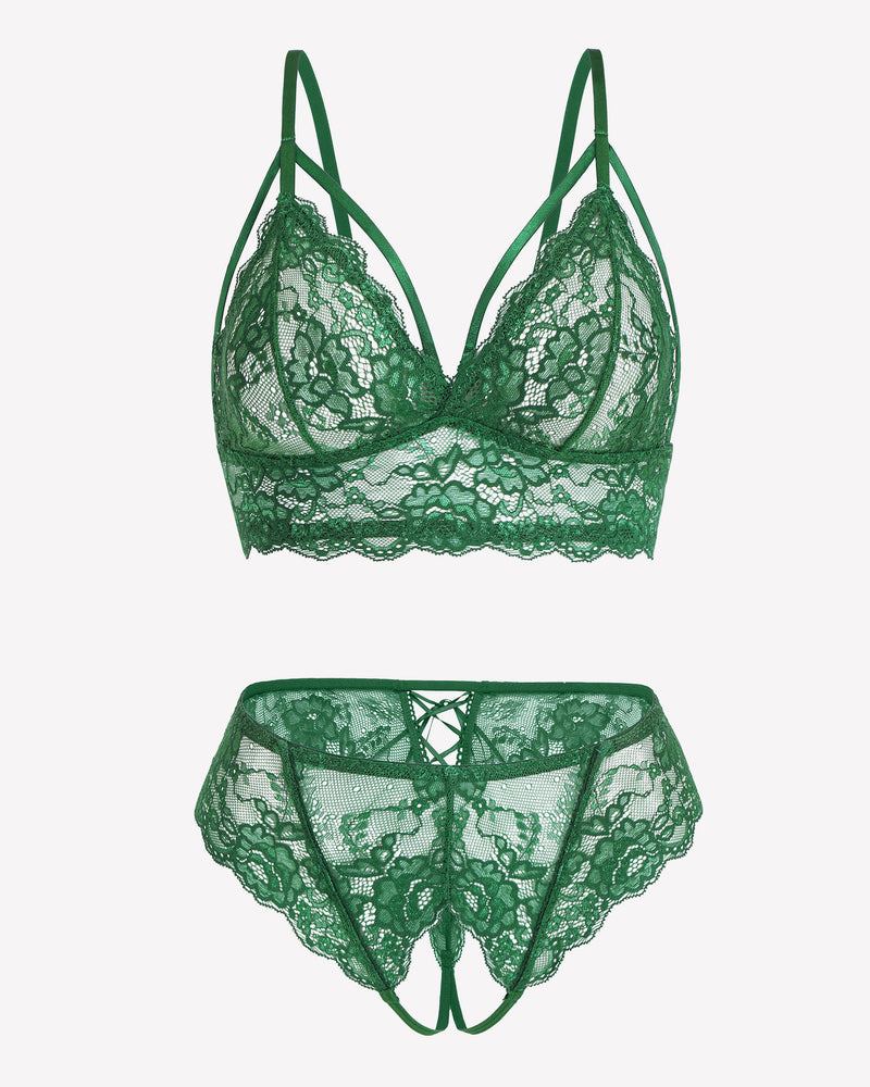 Green lace bra and tie-strap panty set with adjustable straps, perfect for a sweet night