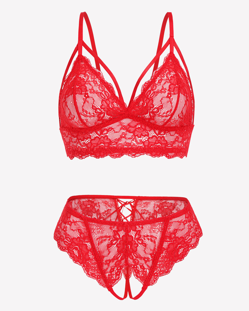 Red lace bra and panty set with adjustable straps and open back design for a romantic night.