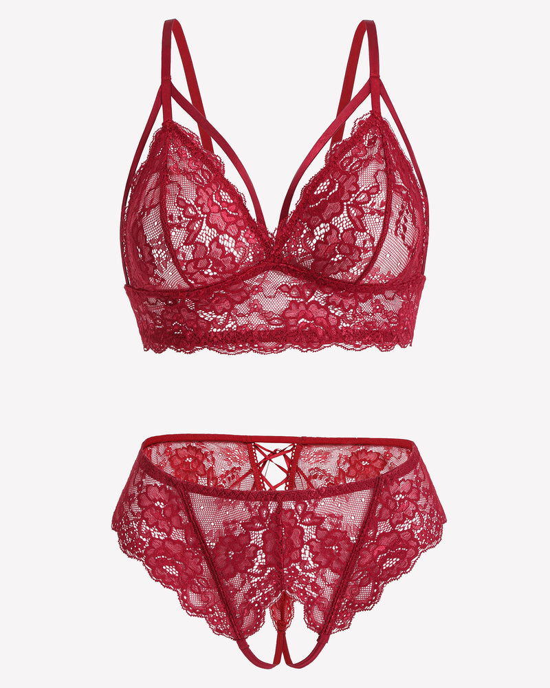Red lace bra and panty set with adjustable straps and open back design.