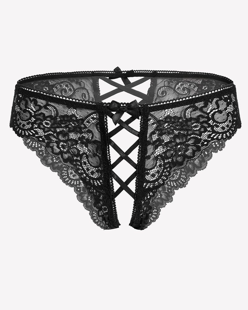 Black lace hipster panty with criss-cross straps and bow detail. Floral lace design.