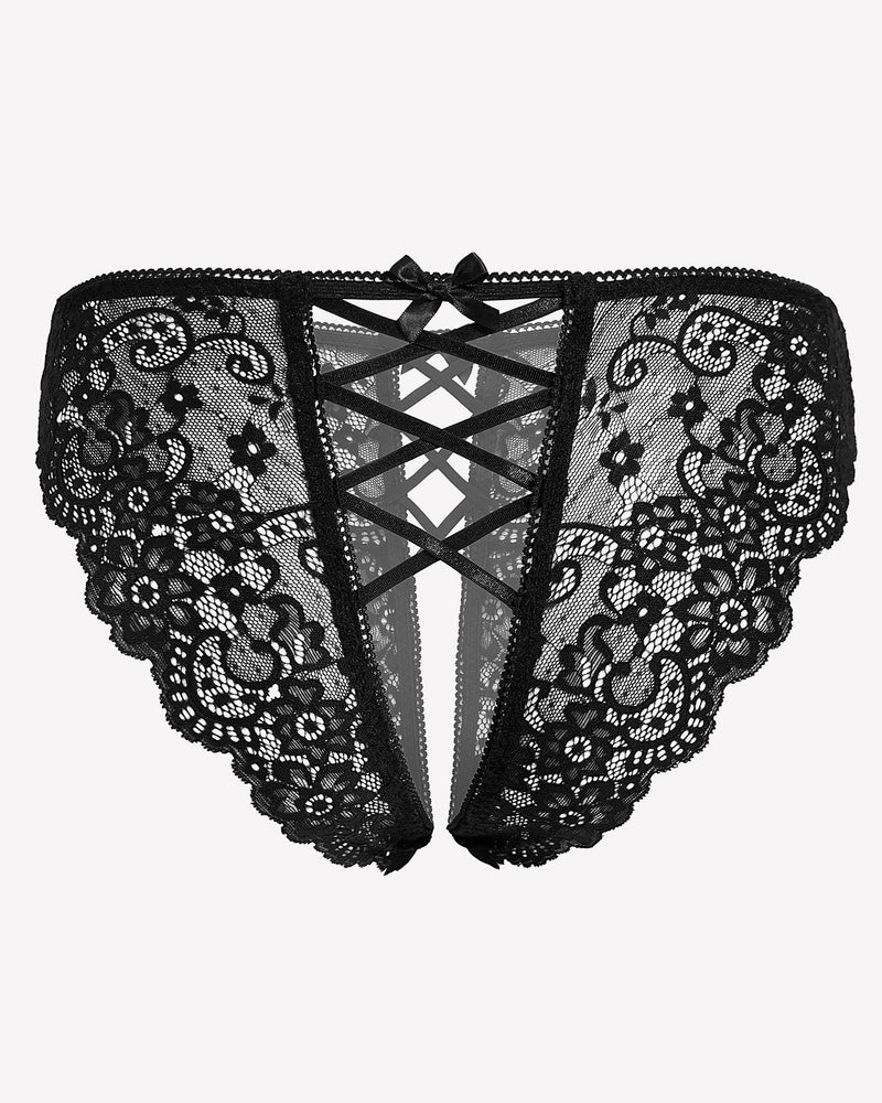Black lace hipster panty with criss-cross straps and bow detail.