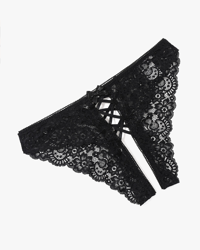 Black lace hipster panty with criss cross straps and double bow detail. Perfect for a sweet night.