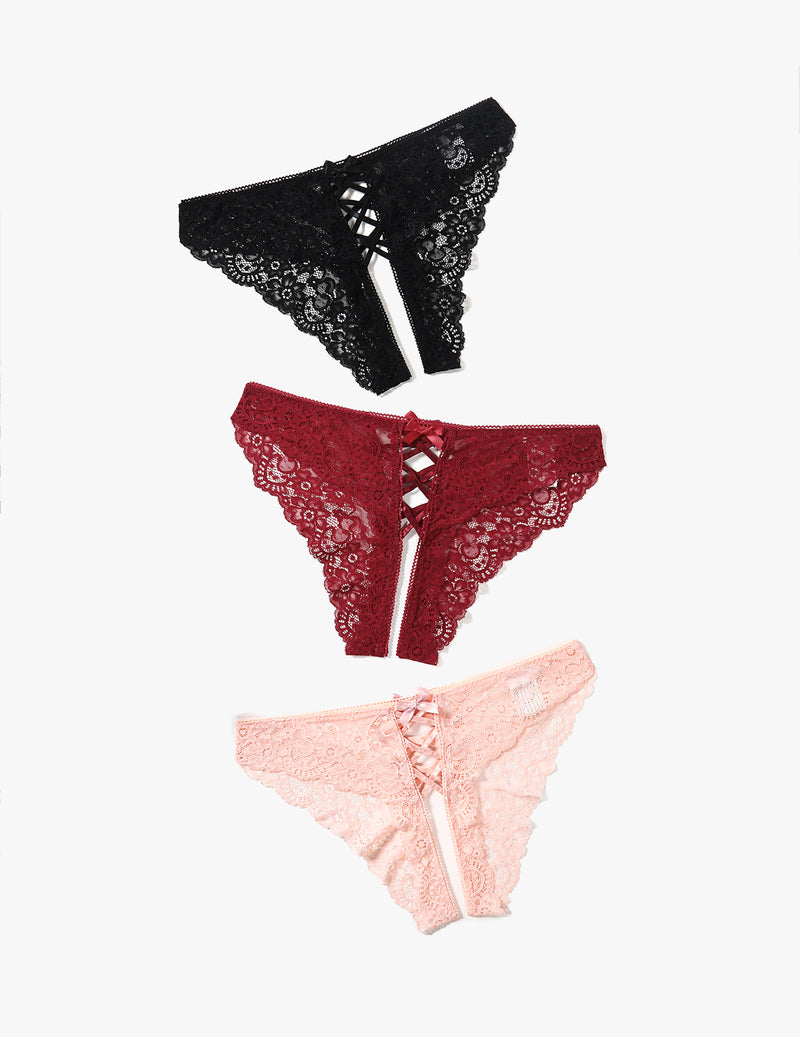 Lace Hipster Panties in Black, Burgundy, and Pink. Floral lace, cross straps, and bow details.