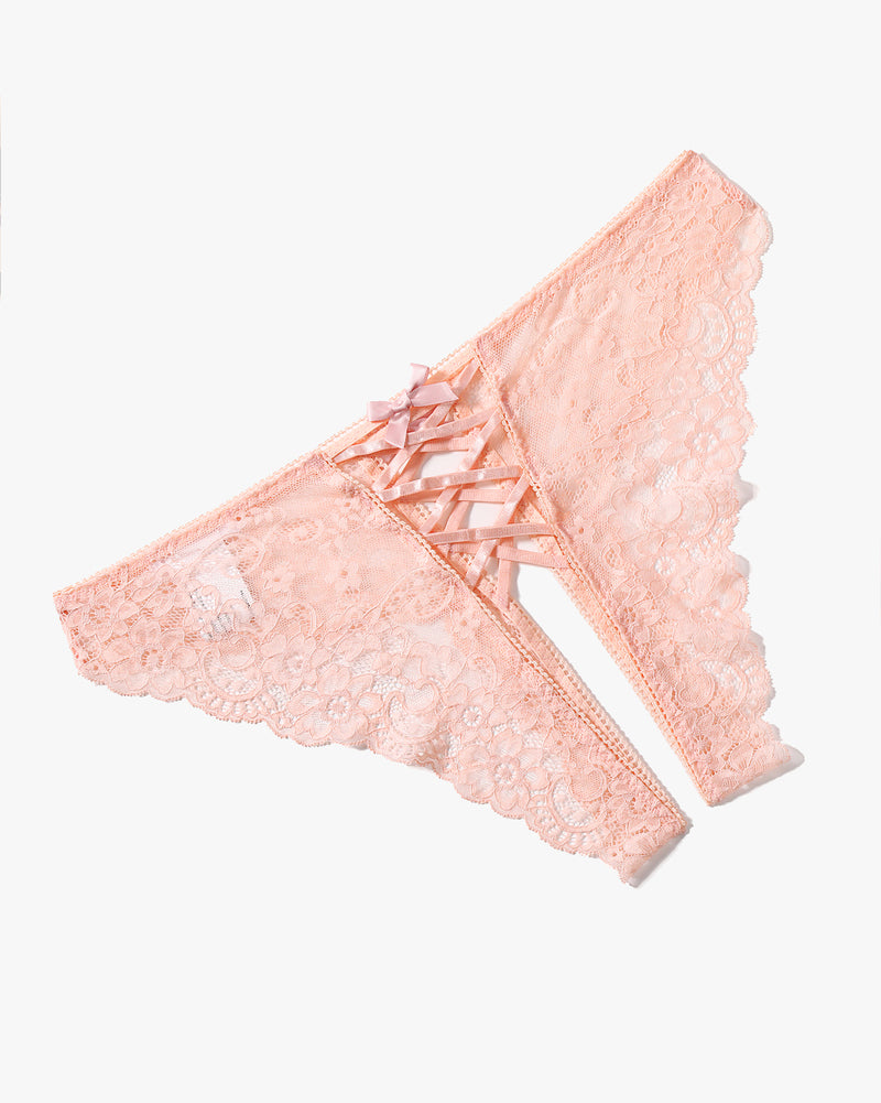 Peach lace hipster panty with criss-cross straps and double bow detail. Perfect for a sweet night.