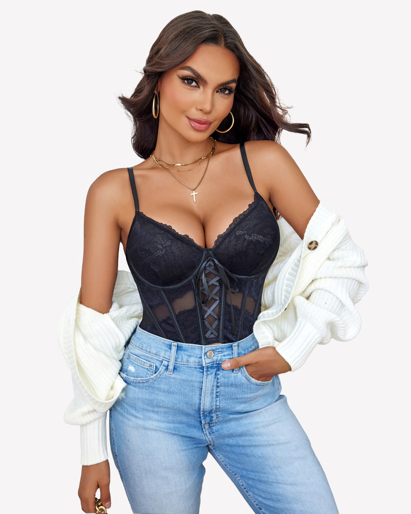 Black lace underwire corset with adjustable straps, paired with jeans and cardigan