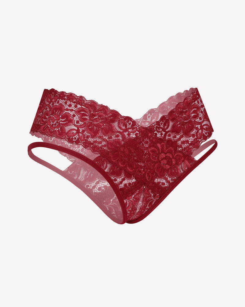 Burgundy lace V-shape cheeky panties by Avidlove, low-rise design, sexy lingerie