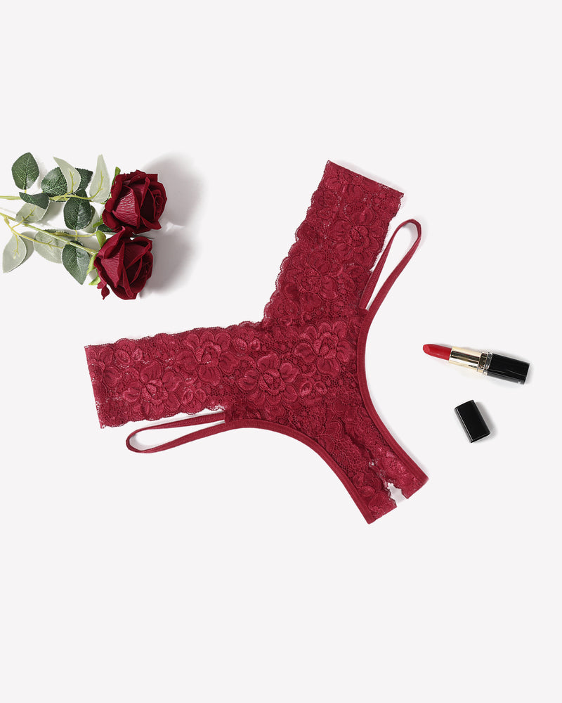 Burgundy lace V-shape cheeky panties, low-rise, floral lace, sexy lingerie, lipstick, and roses.