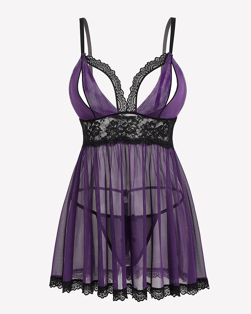Purple lace babydoll lingerie set with adjustable straps and sheer skirt, ideal for nightwear.