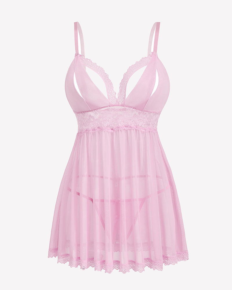 Pink lace babydoll lingerie set with adjustable straps and sheer skirt, perfect for nightwear