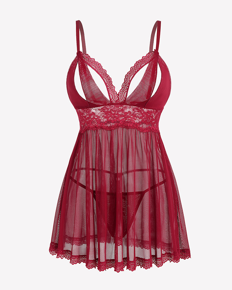 Red babydoll lingerie set with lace trim, adjustable straps, and thong.