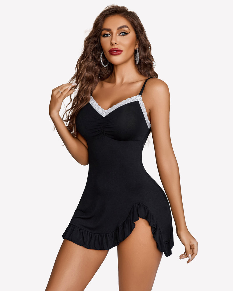 Black Modal Side Slit Chemise nightie with lace trim and ruffle hem, perfect for a sweet night.