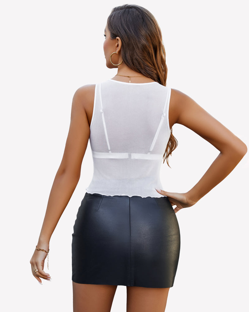 White mesh tank top with scalloped hem and black leather mini skirt. Confident and sexy look.