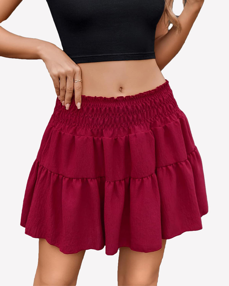 Red flowy A-line short skirt with shirred waist, flattering curve, black crop top